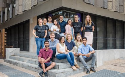 Ventures ilab Accelerator 2021 cohort. Ventures ilab Accelerator 2021 cohort sitting on the steps at UQ's St Lucia campus.